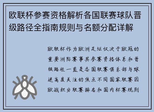 欧联杯参赛资格解析各国联赛球队晋级路径全指南规则与名额分配详解